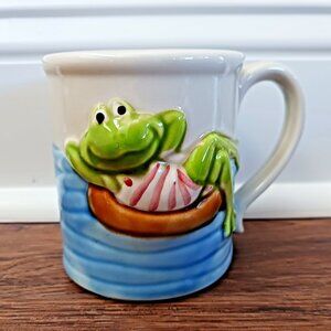 Vintage Enesco Japan 3 Dimensional 3D Frog Relaxing On A Raft Coffee Tea Mug Cup